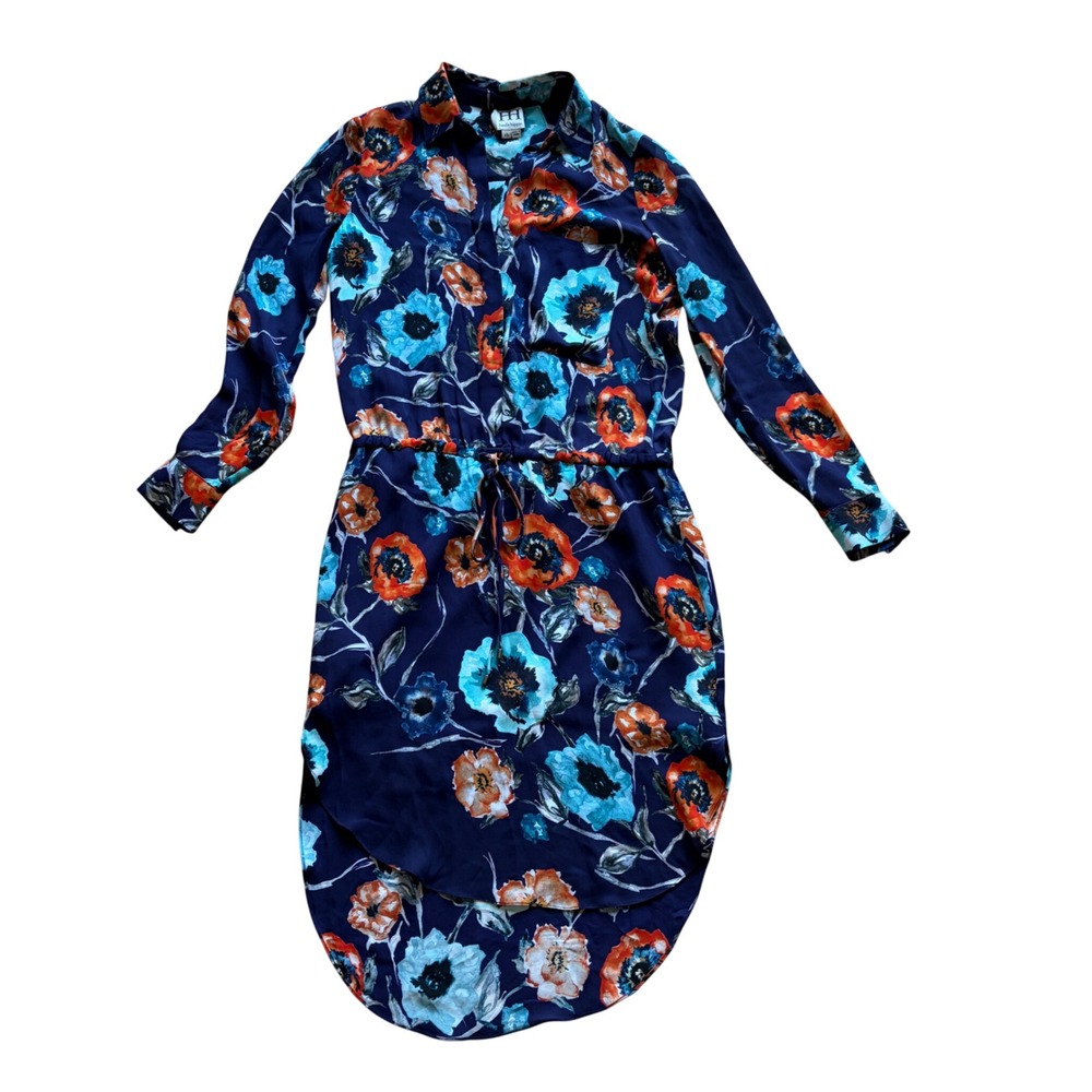 Haute Hippie Silk Floral Shirt Dress XS Navy Blue High-Low Drawstring Waist